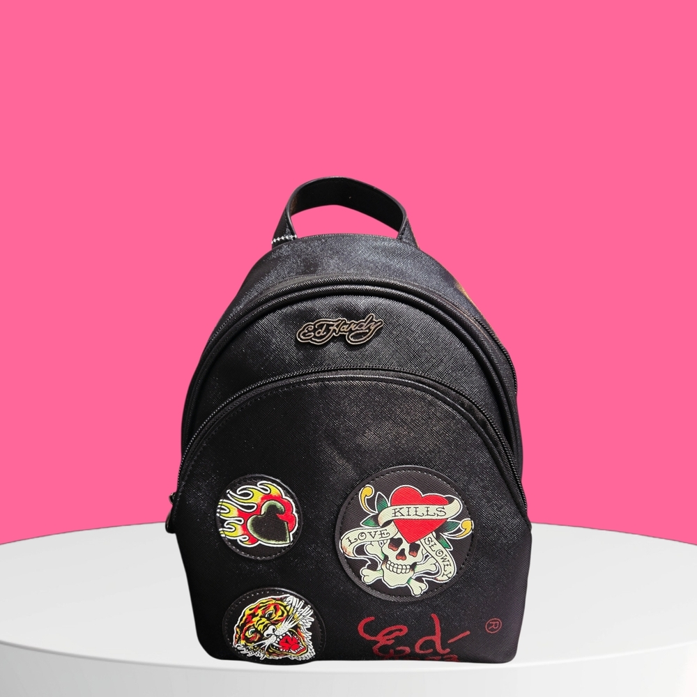 NEW Ed Hardy Black Women's Bag Backpack with Patches 12"x9"x5" NWT - Picture 3 of 7